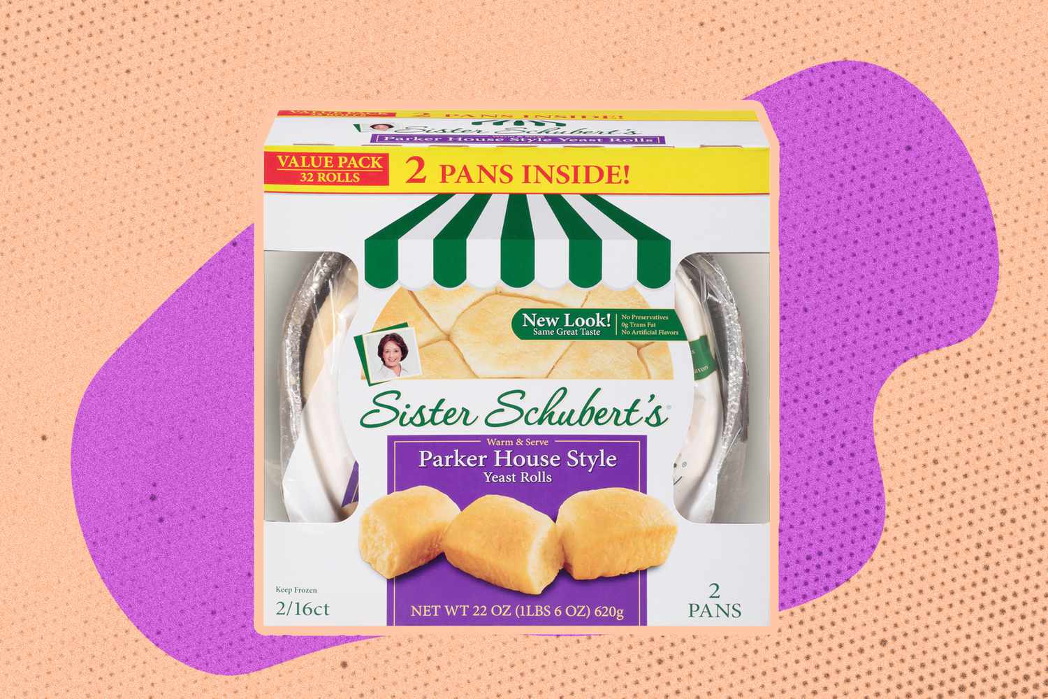 A package of Sister Schubert's dinner rolls on an illustrated background