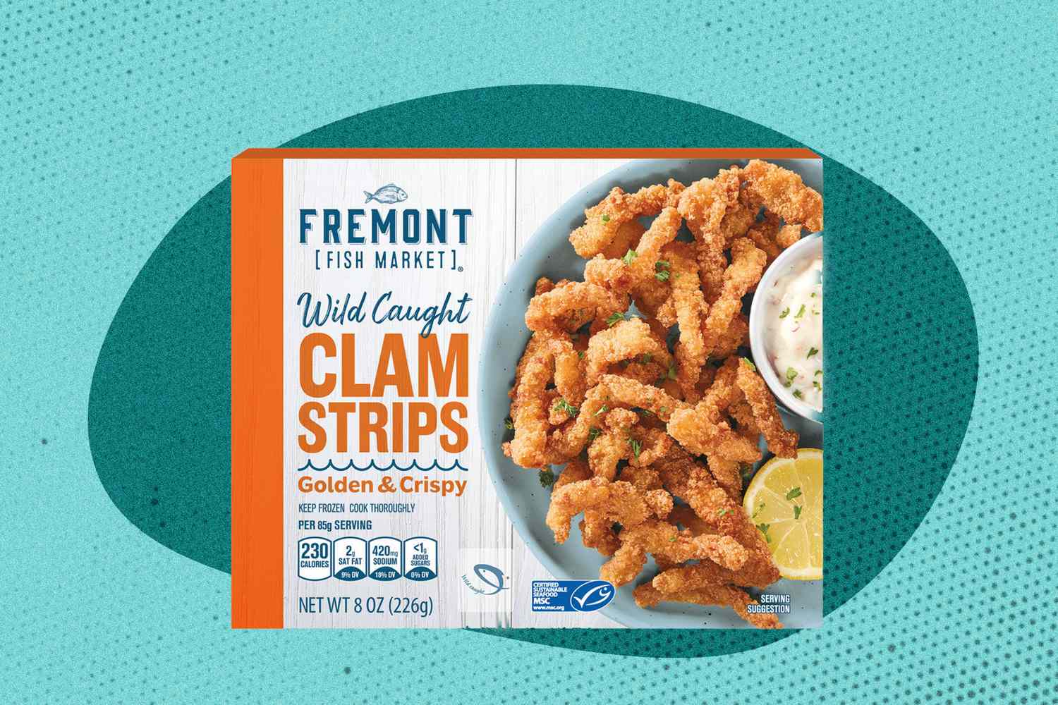 Package of Fremont Fish Market wild caught clam strips with a photo of the food on the box