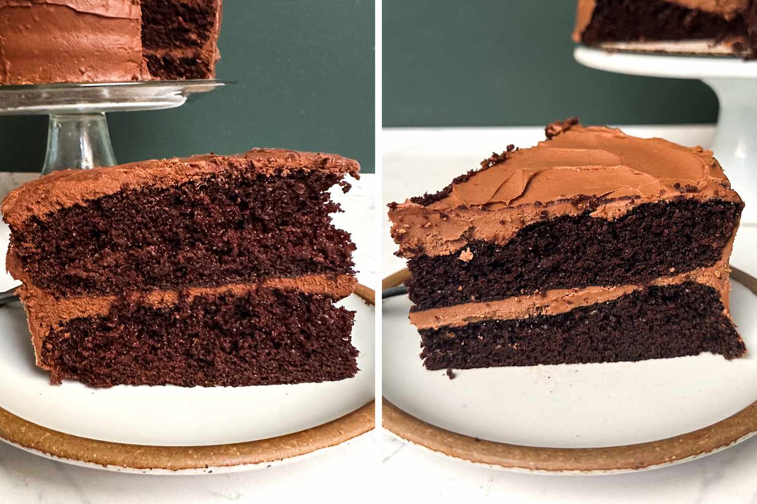 Two slices of chocolate cake with frosting presented on separate white plates
