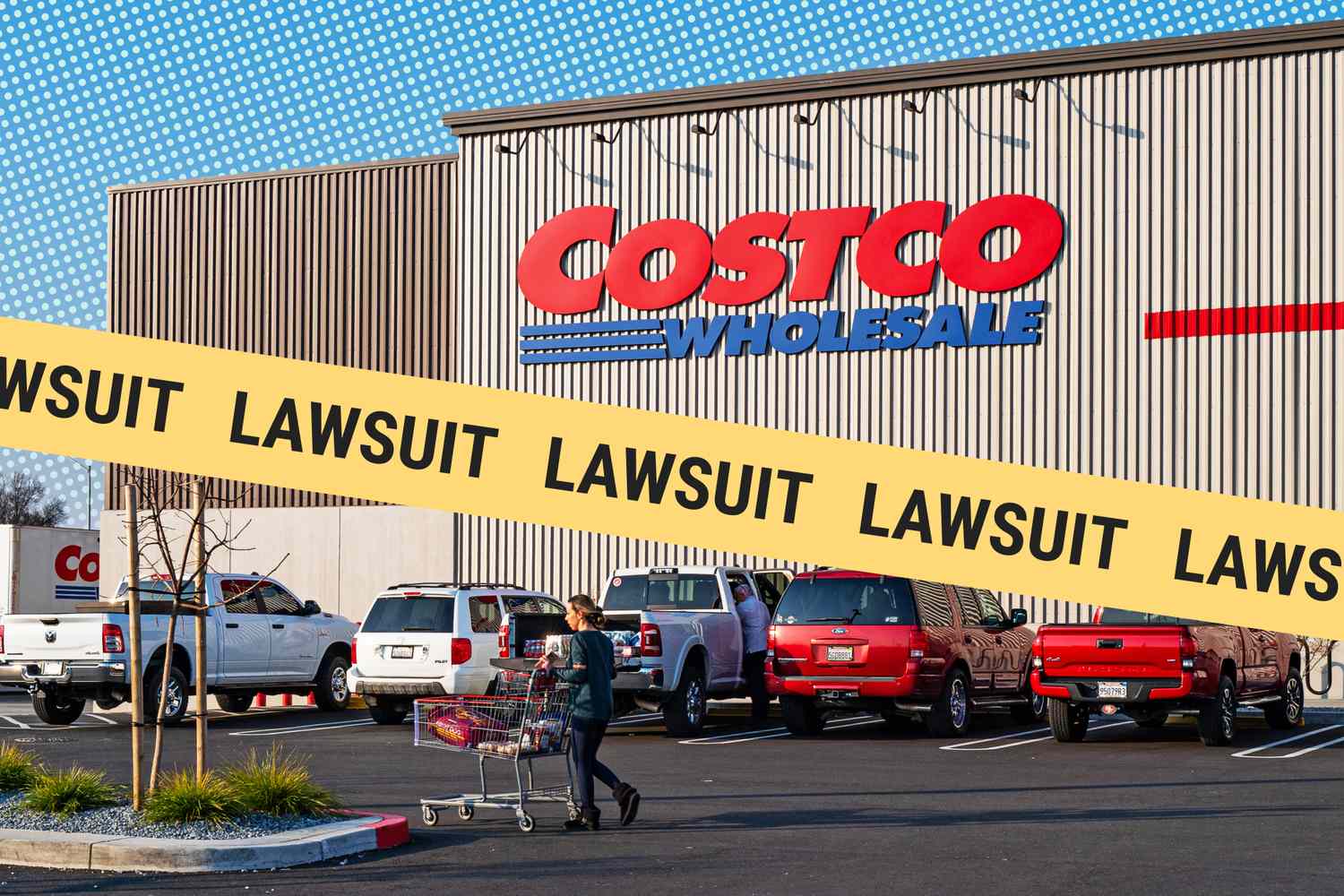Costco Wholesale store with a lawsuitthemed graphic overlay