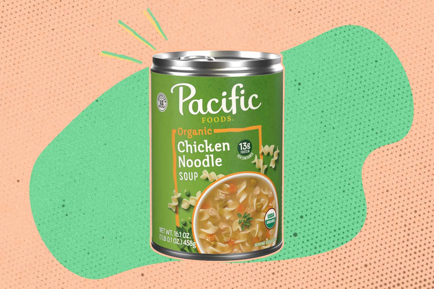Can of Pacific Foods Organic Chicken Noodle Soup with an abstract background