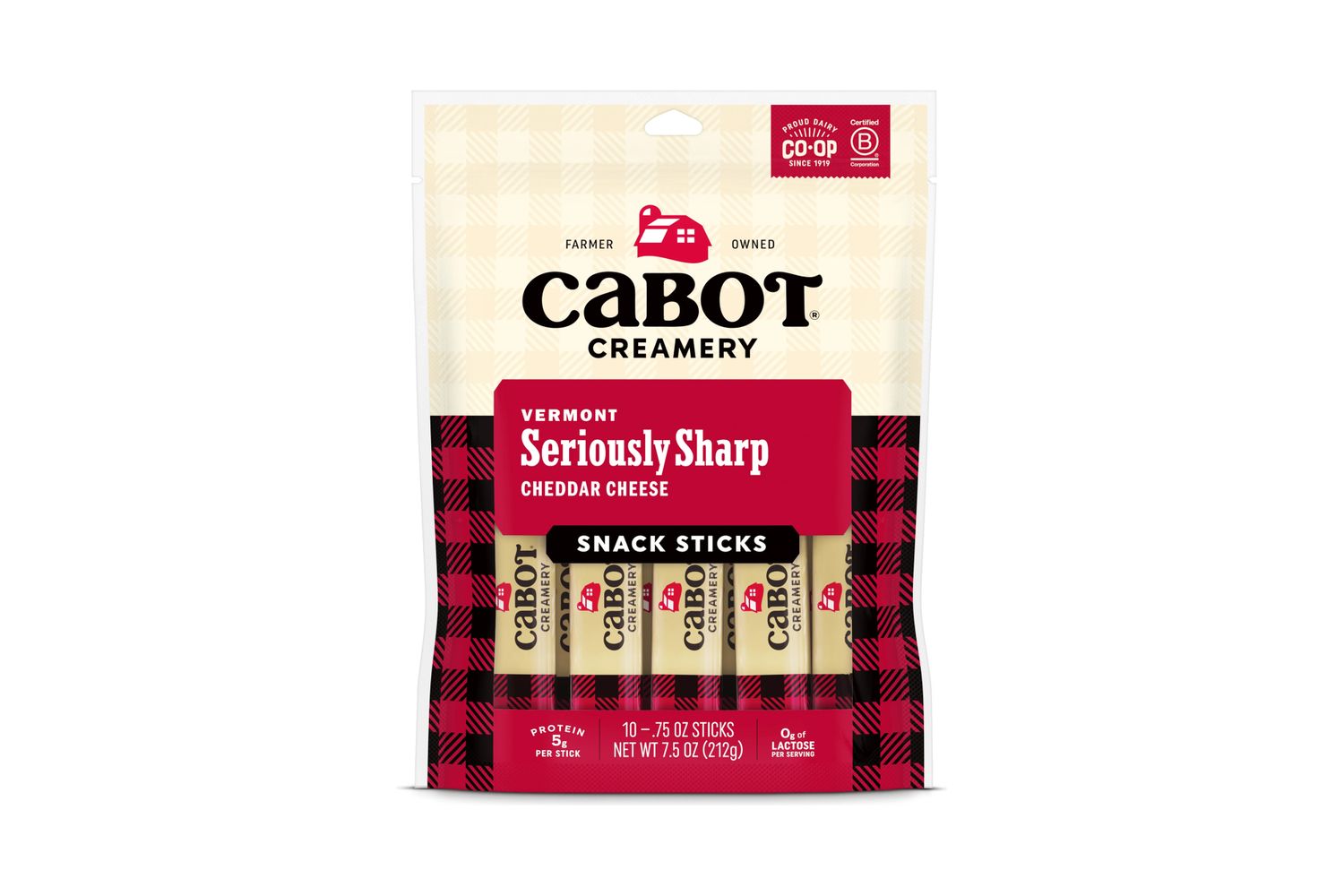 Cabot Creamery snack sticks package of Vermont Seriously Sharp Cheddar cheese