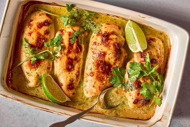overhead view of baking dish of Cilantro-Lime Chicken