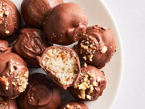 close up of Martha Washington Candy, one cut open, on a plate