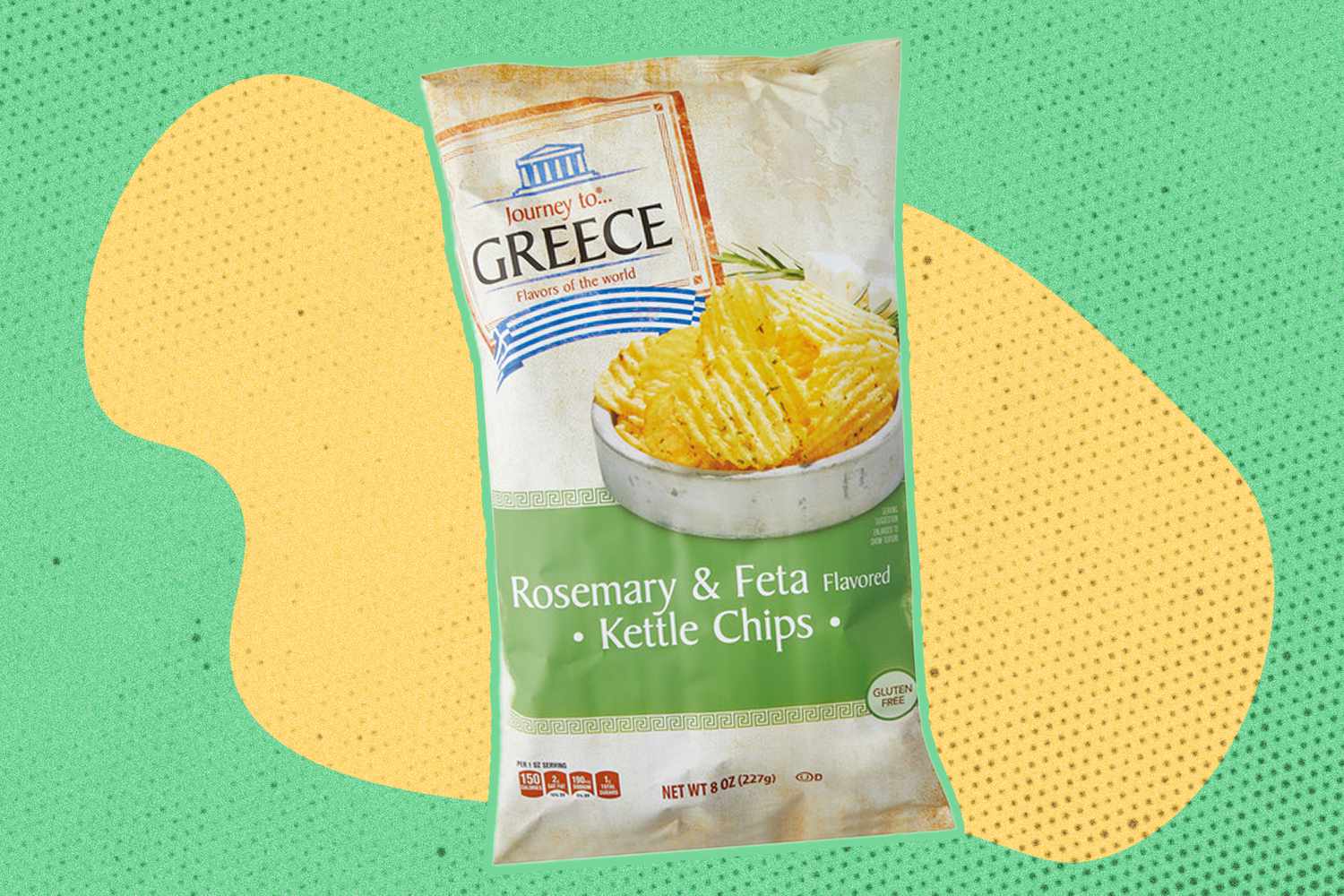 rosemary & feta kettle chips over a colorful background