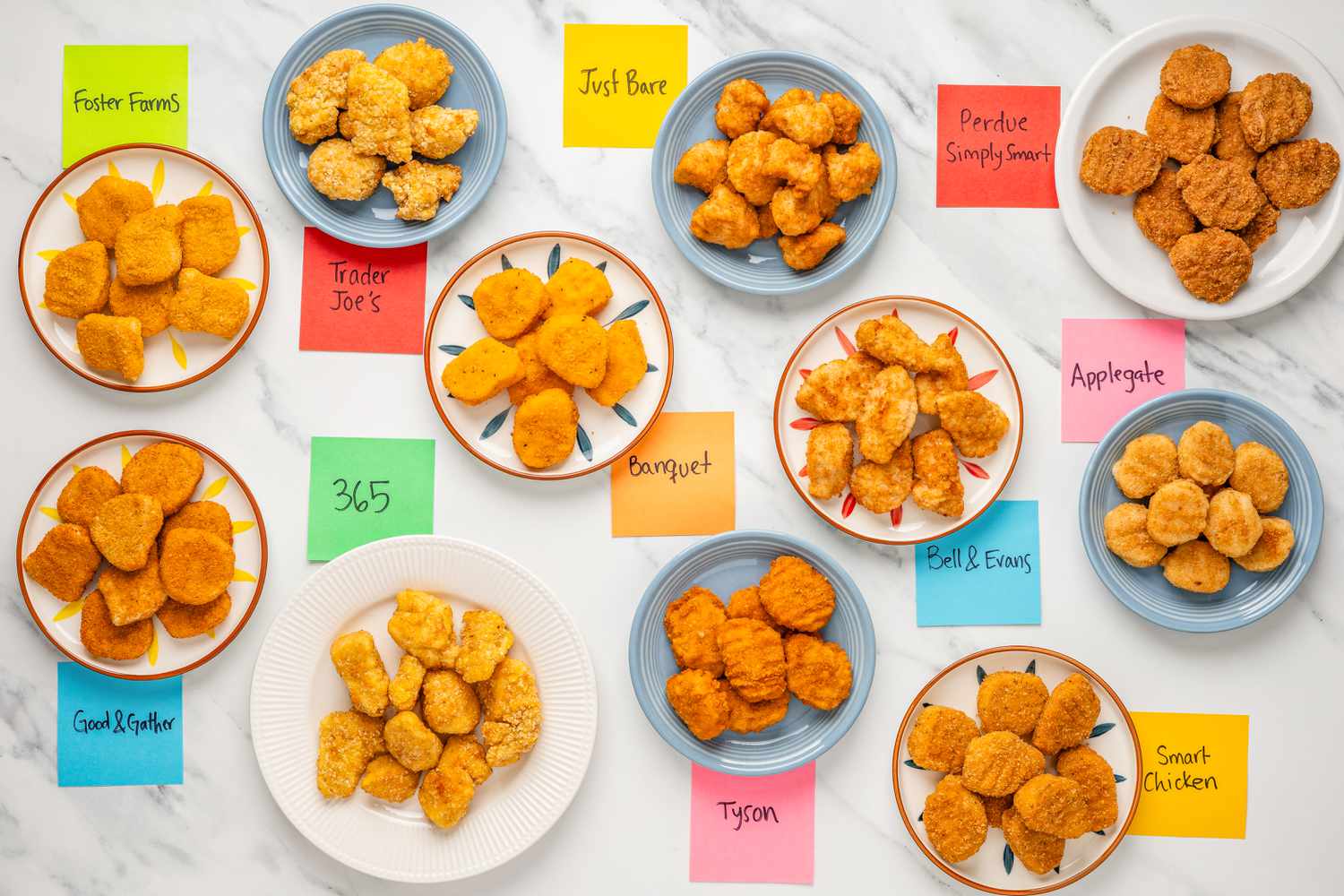 Different brands of chicken nuggets (each type of nugget on a plate with a sticky note next to each plate)