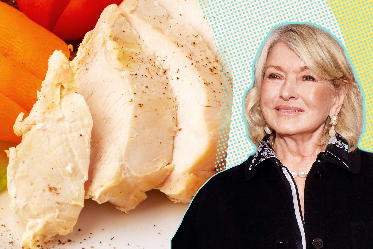 A split image of poached chicken slices and Martha Stewart