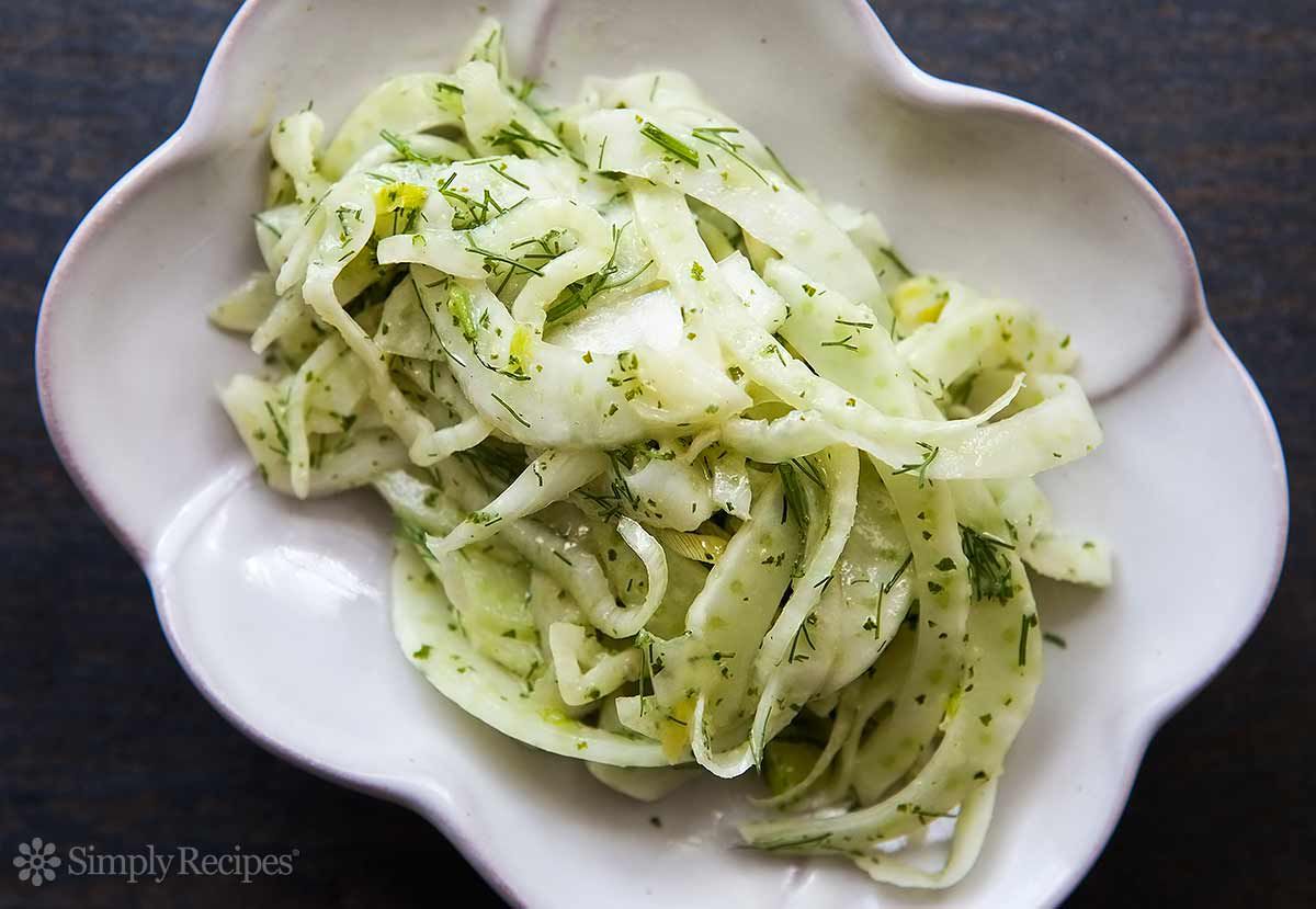 A plate with fennel slaw on it, ready to serve and eat