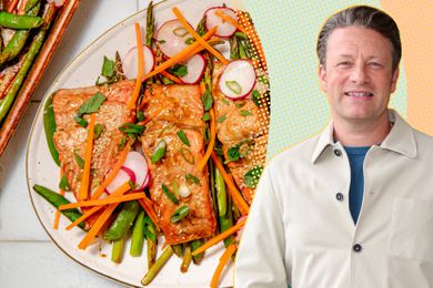 Headshot of Jamie Oliver next to an overhead photo of his 20-Minute Salmon Dinner