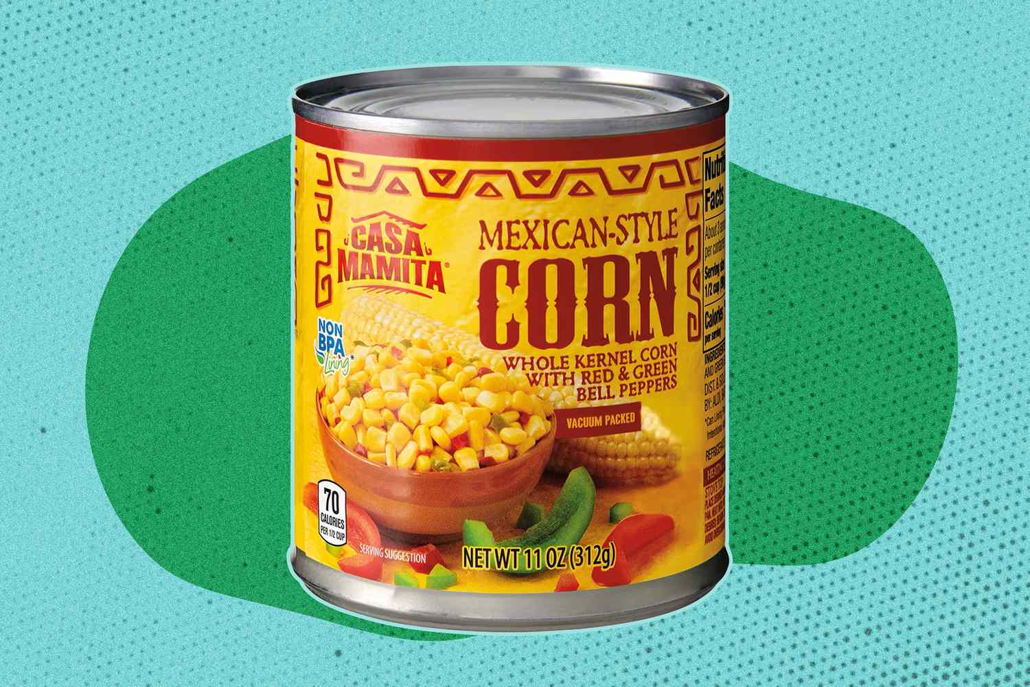 A can of Casa Mamita Mexican-style corn with red and green bell peppers displayed against a green and blue background