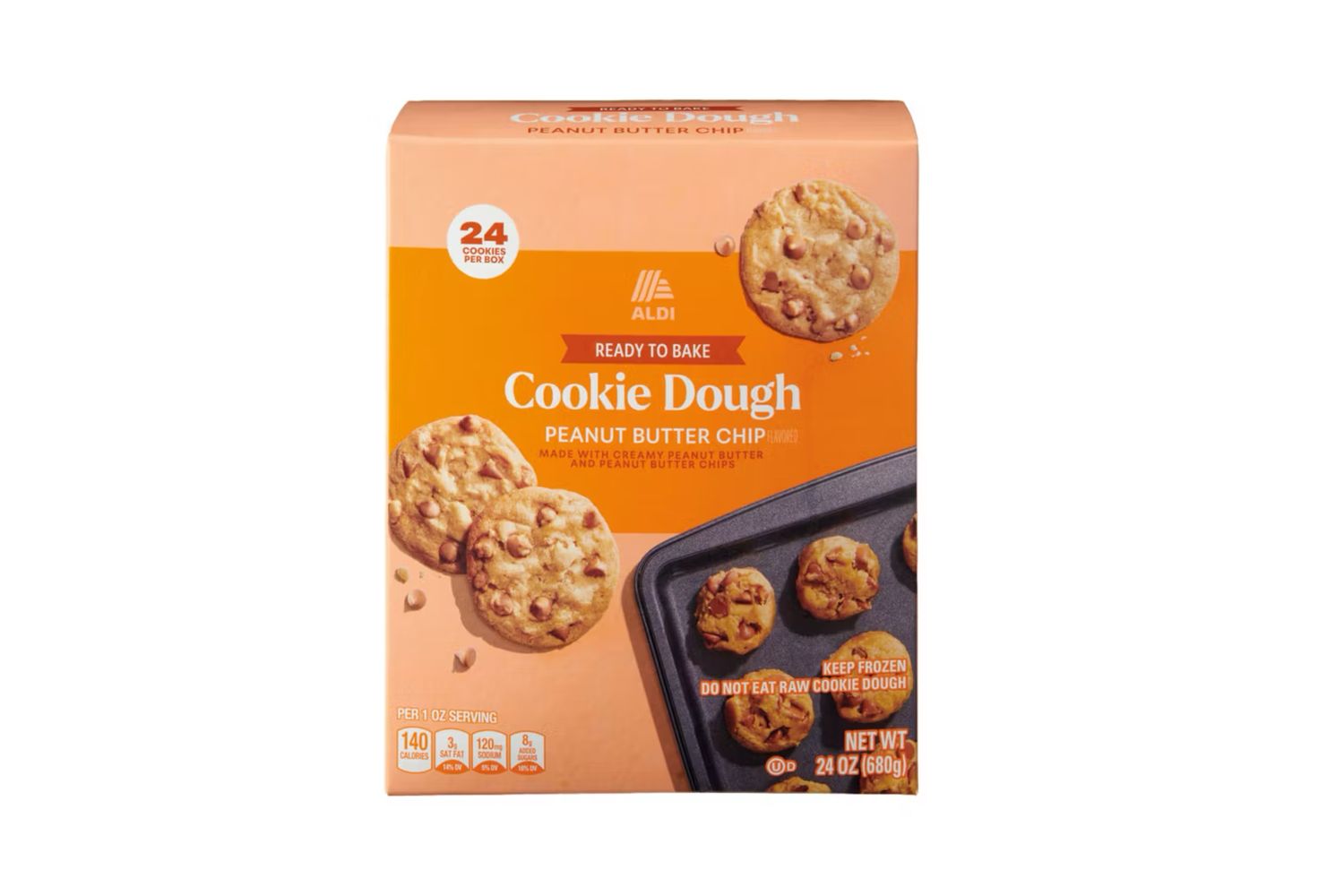 Box of Aldi Ready to Bake Cookie Dough with peanut butter chip variety shown with baked cookies