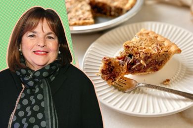 Ina Garten next to a plate with a slice of dessert pie and a fork