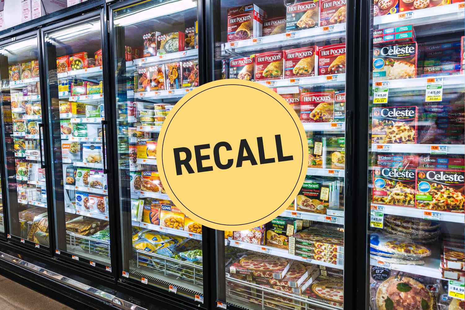 Supermarket frozen food aisle with a recall sign overlaid