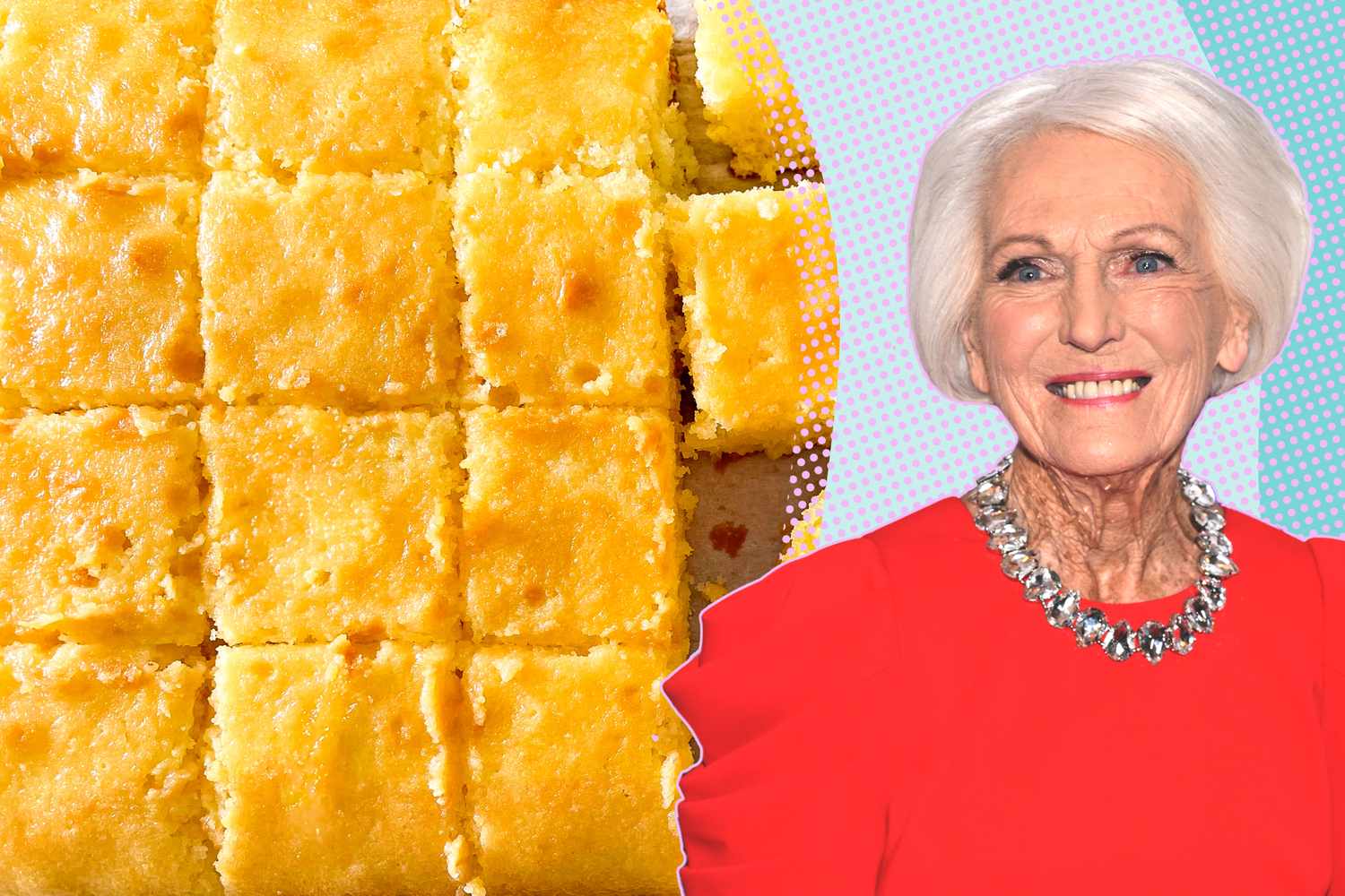 Mary Berry next to a tray of baked cut square cake pieces - - Mary Berry’s Lemon Drizzle Traybake Cake