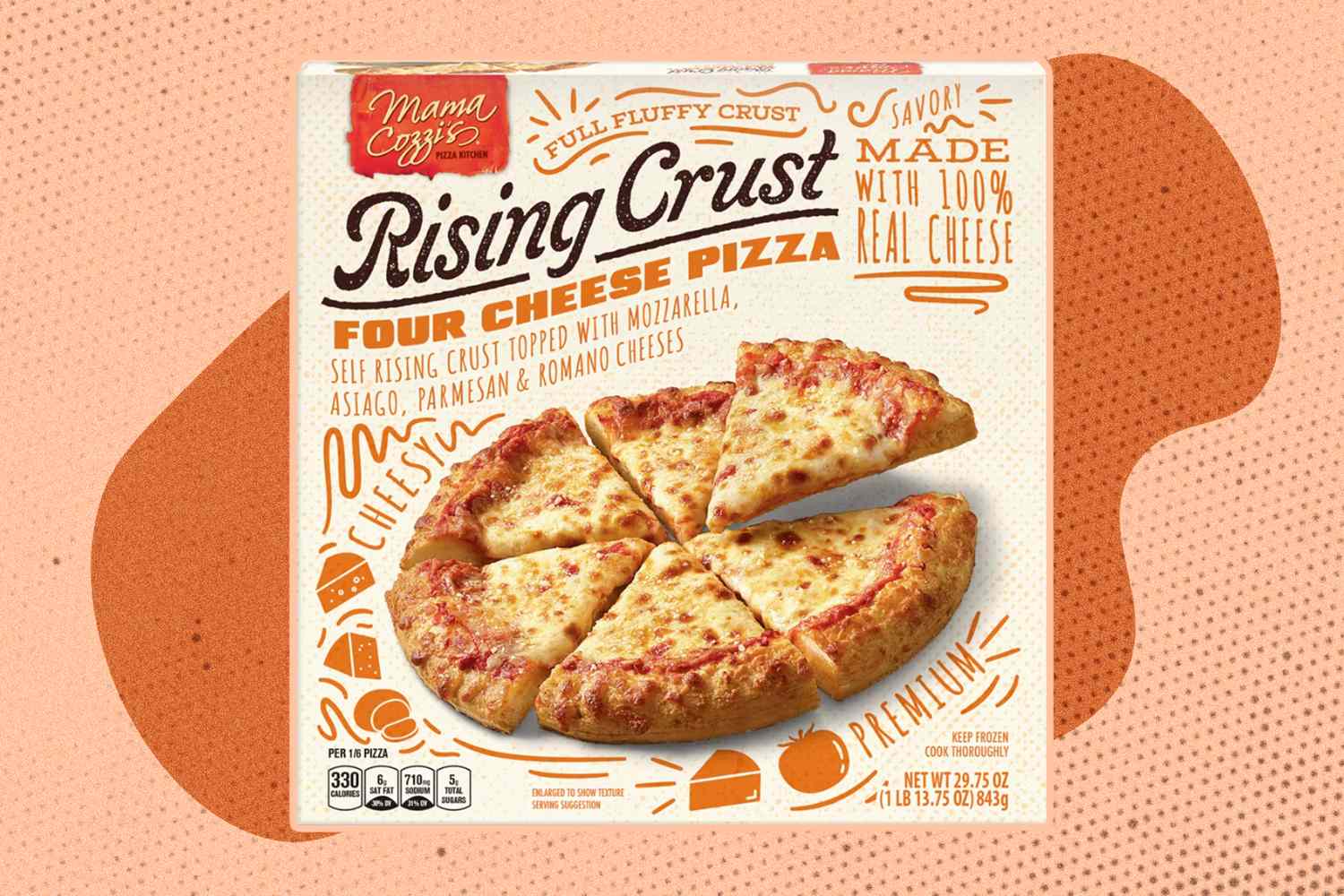 Frozen four cheese pizza in packaging labeled Rising Crust on a textured background