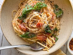 Bowl of No Cook Tomato Sauce Pasta with a Fork