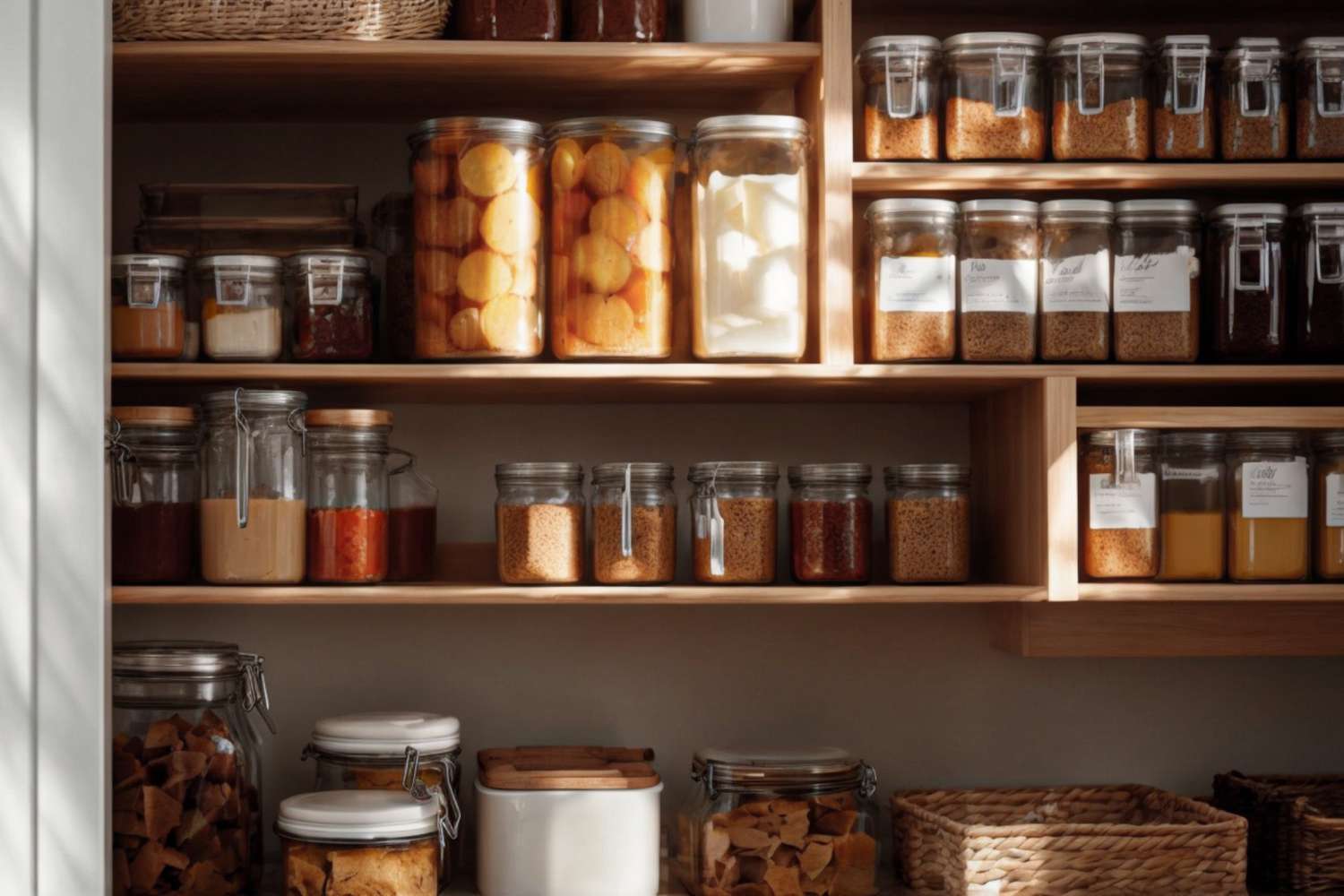 An organized pantry, showing jars of ingredients neatly lined up on shelves