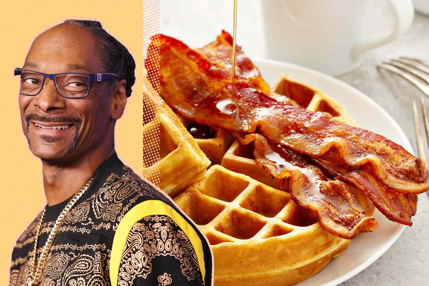 Snoop Dogg cut out next to an image of waffles and bacon