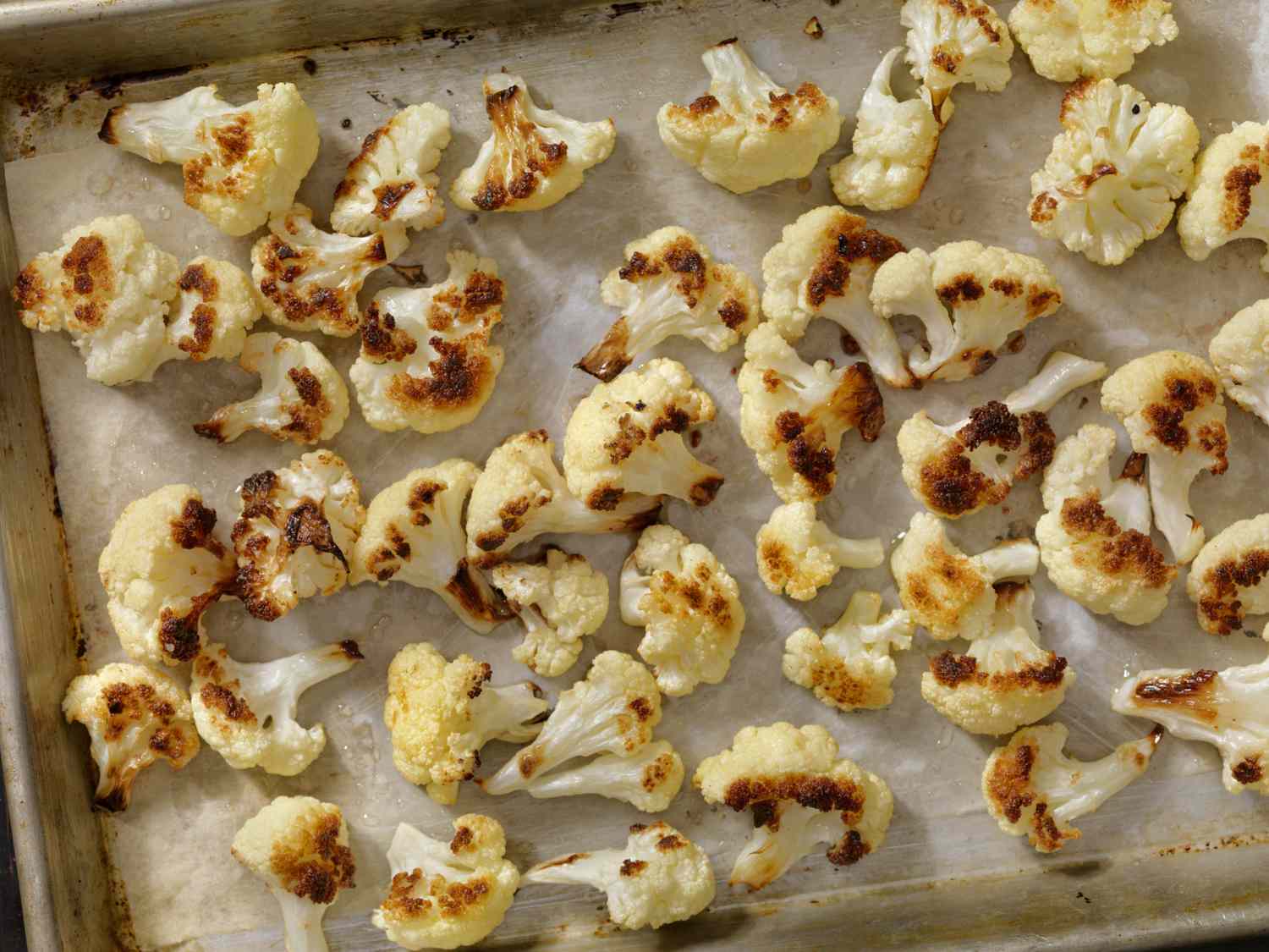 Roasted cauliflower on a baking sheet