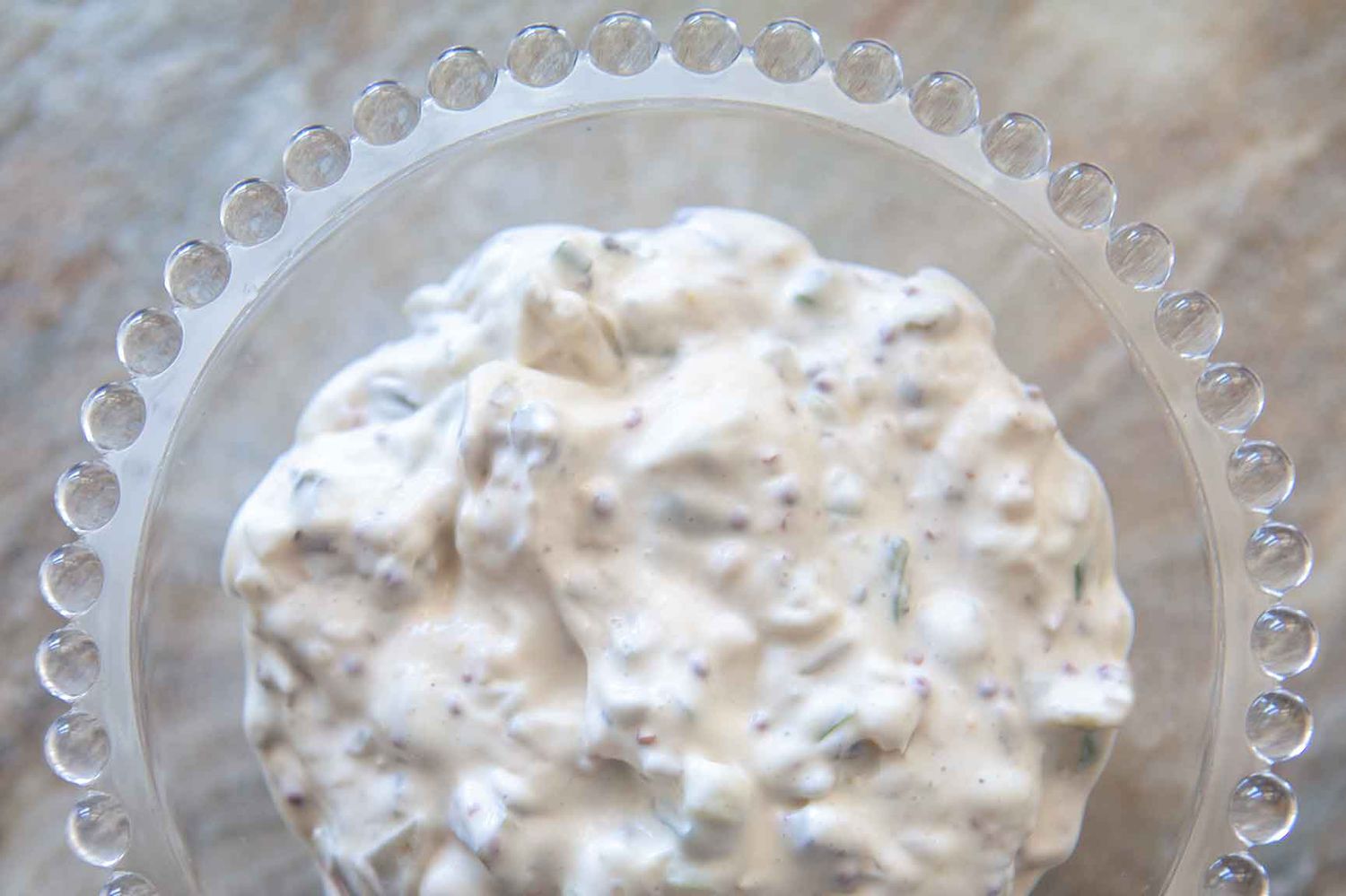 homemade tarter sauce in a glass bowl