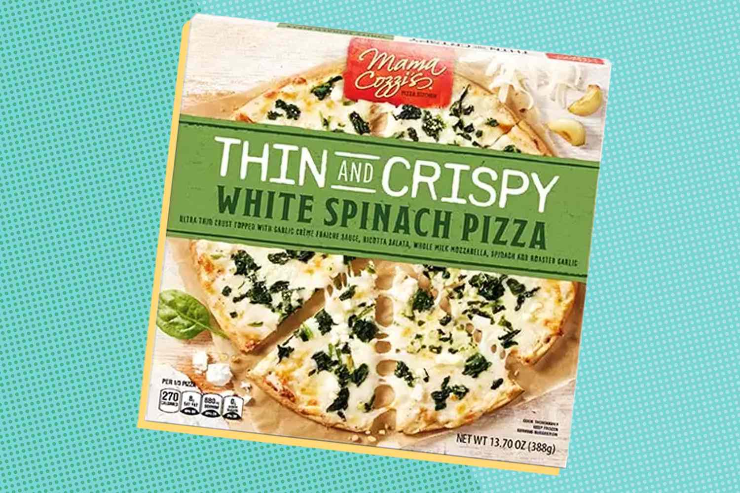 mama cozzi white spinach pizza box over a colorful background