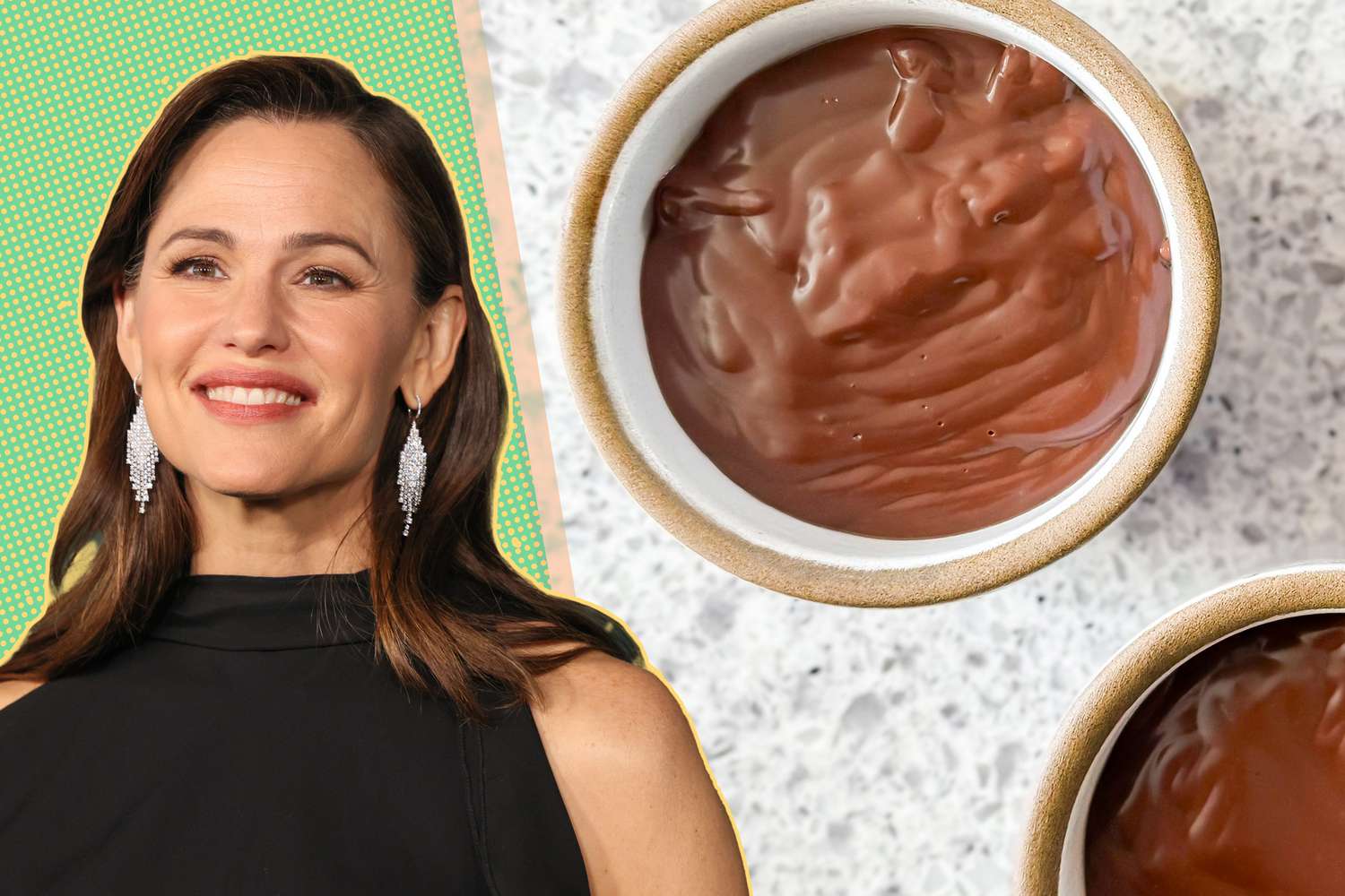 Jennifer Garner next to two small bowls of chocolate pudding