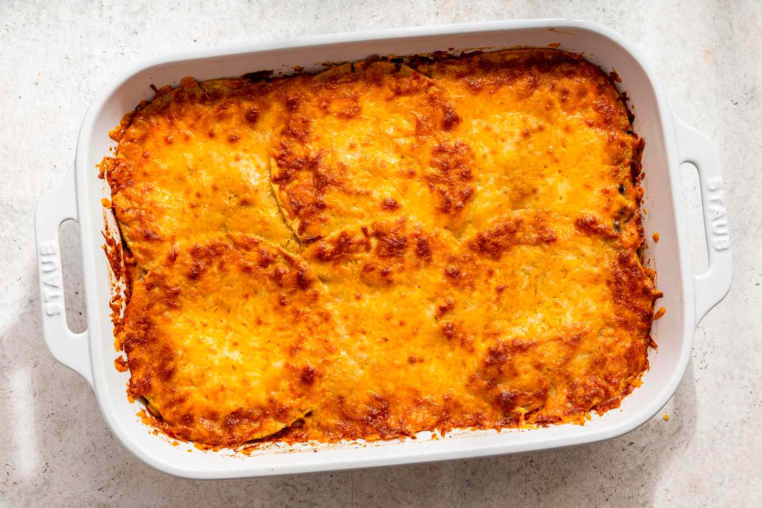 Baked chicken taco casserole in a casserole dish