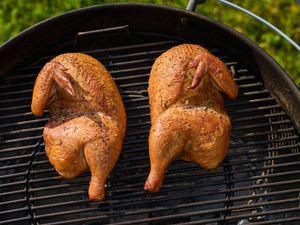 Two grilled half chickens on a barbecue grill