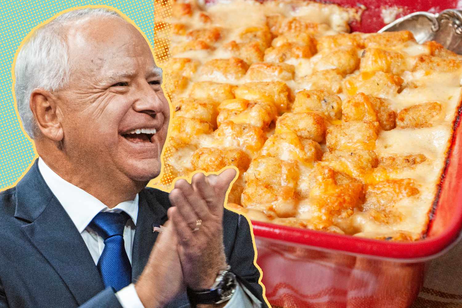 Tim Walz and a photo of his tater tot-topped hotdish