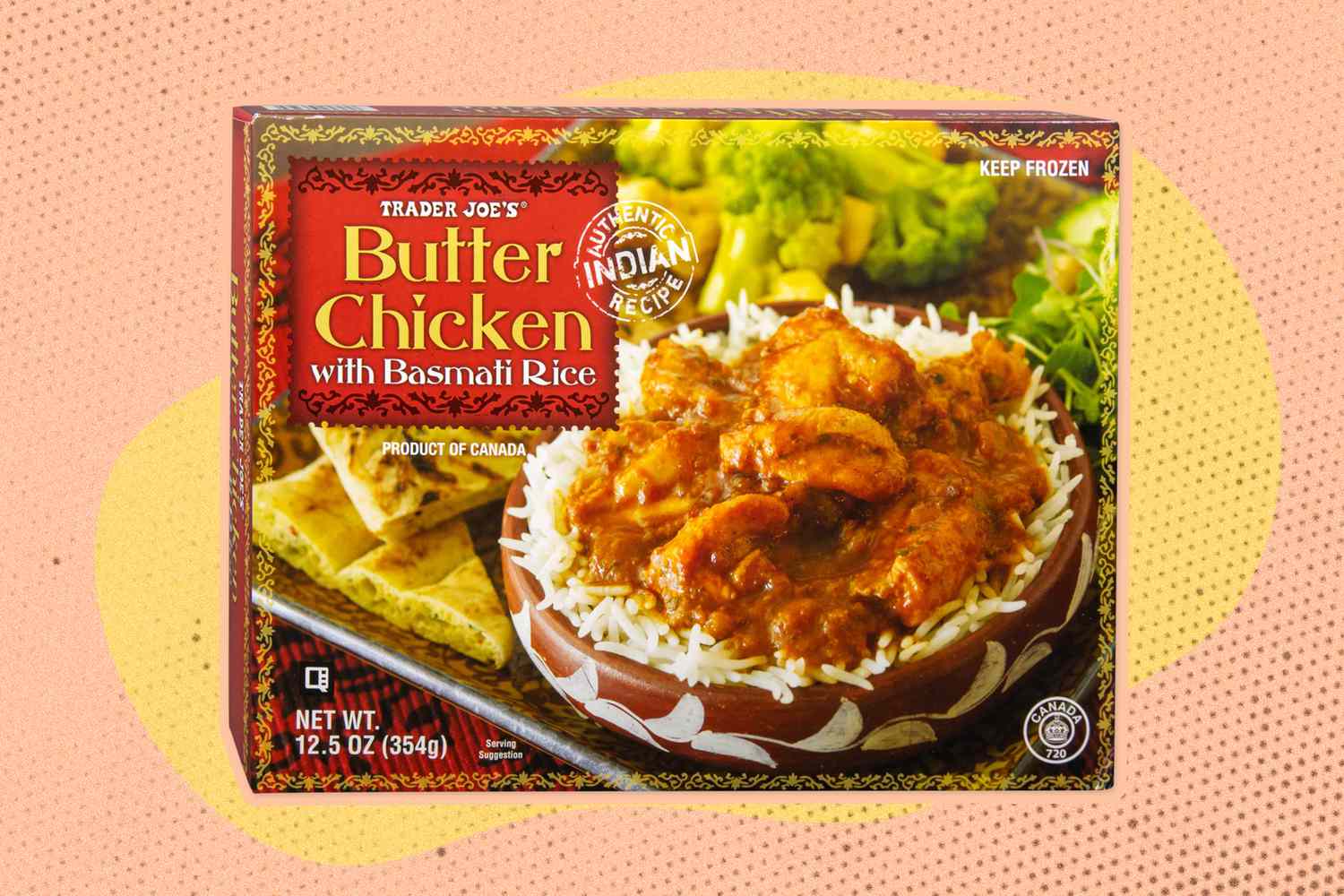 Trader Joe's Butter Chicken over a peach and yellow color blob illustration