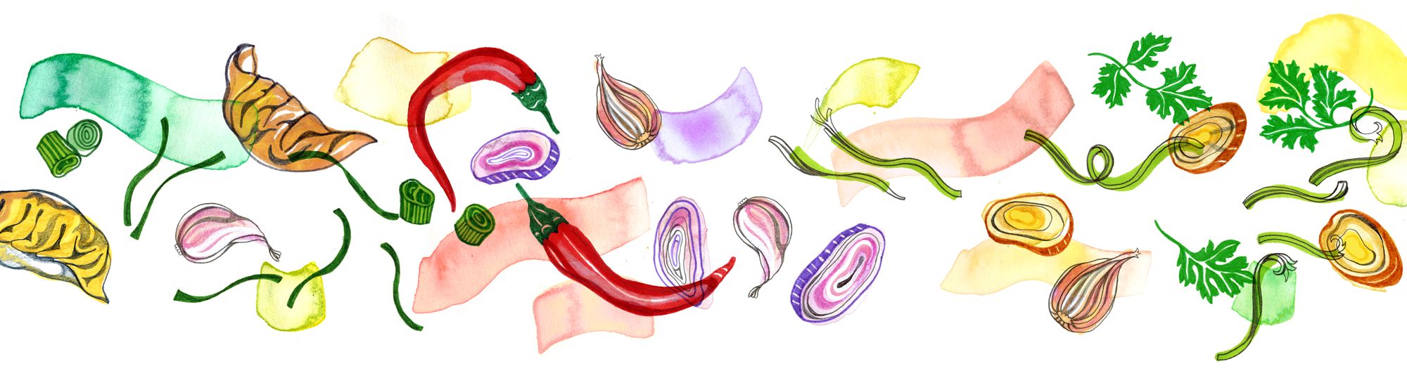 Illustrated ingredients from Lunar New Year recipes and watercolor strokes