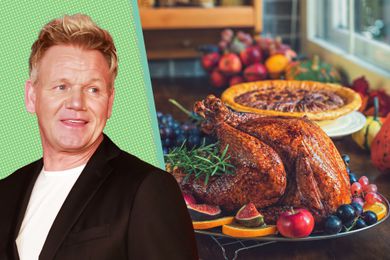 Gordon Ramsay next to a holiday dinner spread showing a roasted turkey