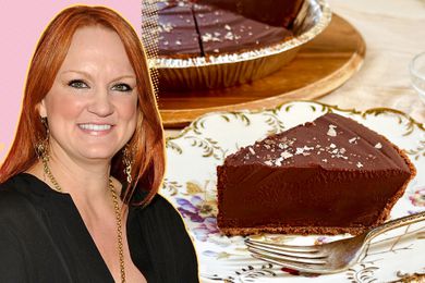 Ree Drummond next to a chocolate tart on a plate and in a dish