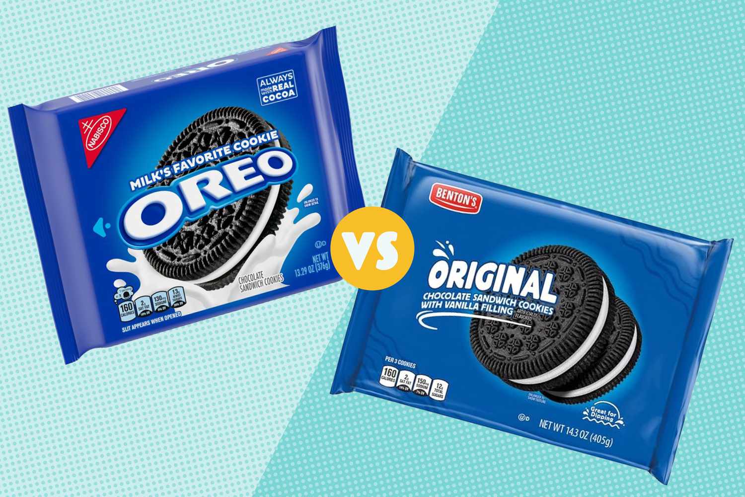 Oreo package on the left versus Bentons Original package on the right