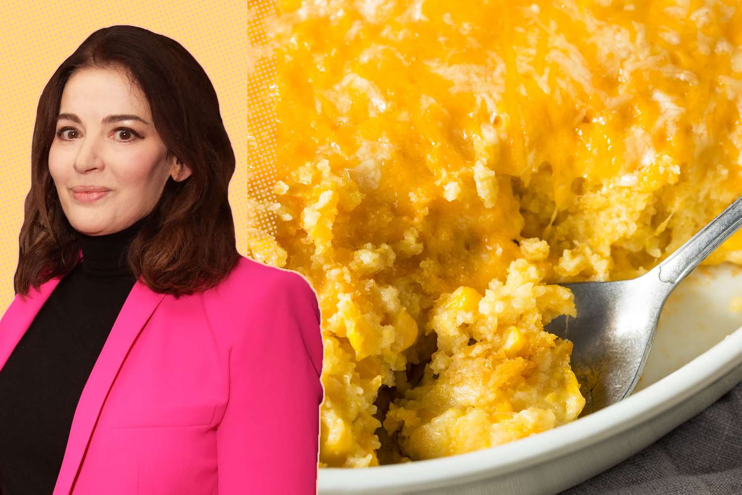 portrait of Nigella Lawson and a close-up of Corn Pudding