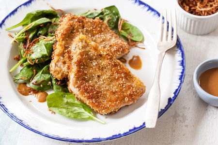 Sesame-Crusted Pork Cutlets with Crispy Shallots