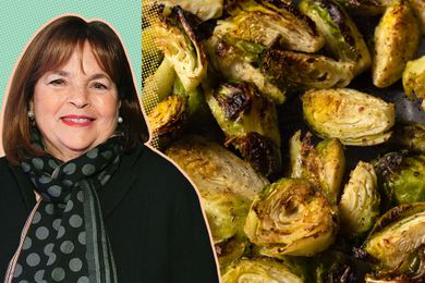 An image compilation of Ina Garten and a closeup of roasted Brussels sprouts 