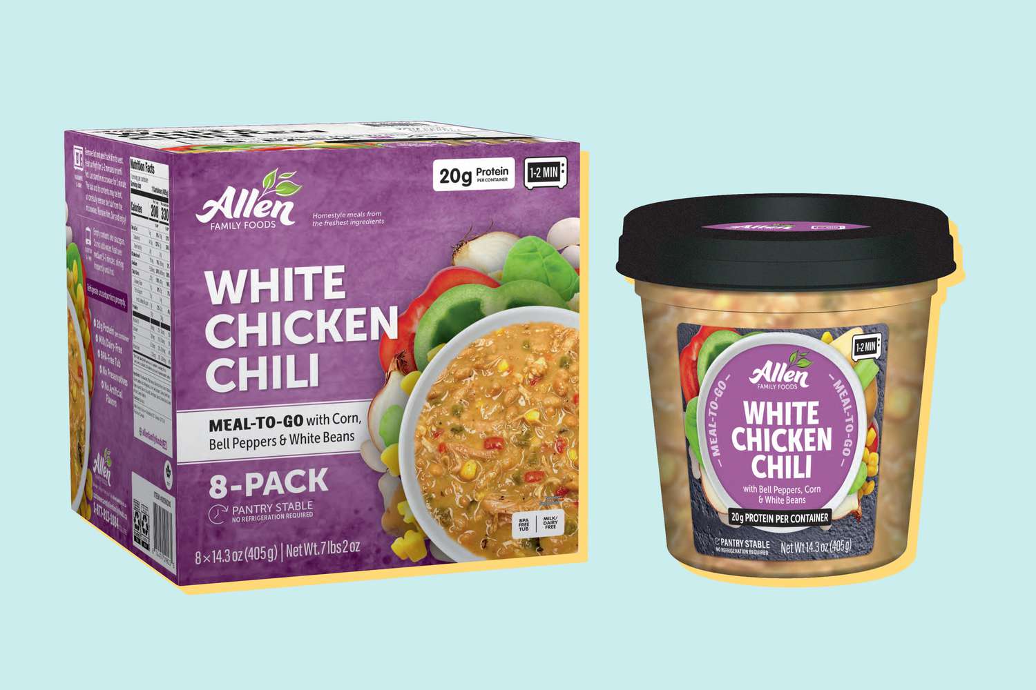 Package and carton of Allen White Chicken Chili from Costco
