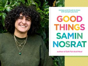 Samin Nosrat next to her cookbook Good Things