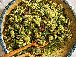5-ingredient pasta salad in a bowl with serving utensils