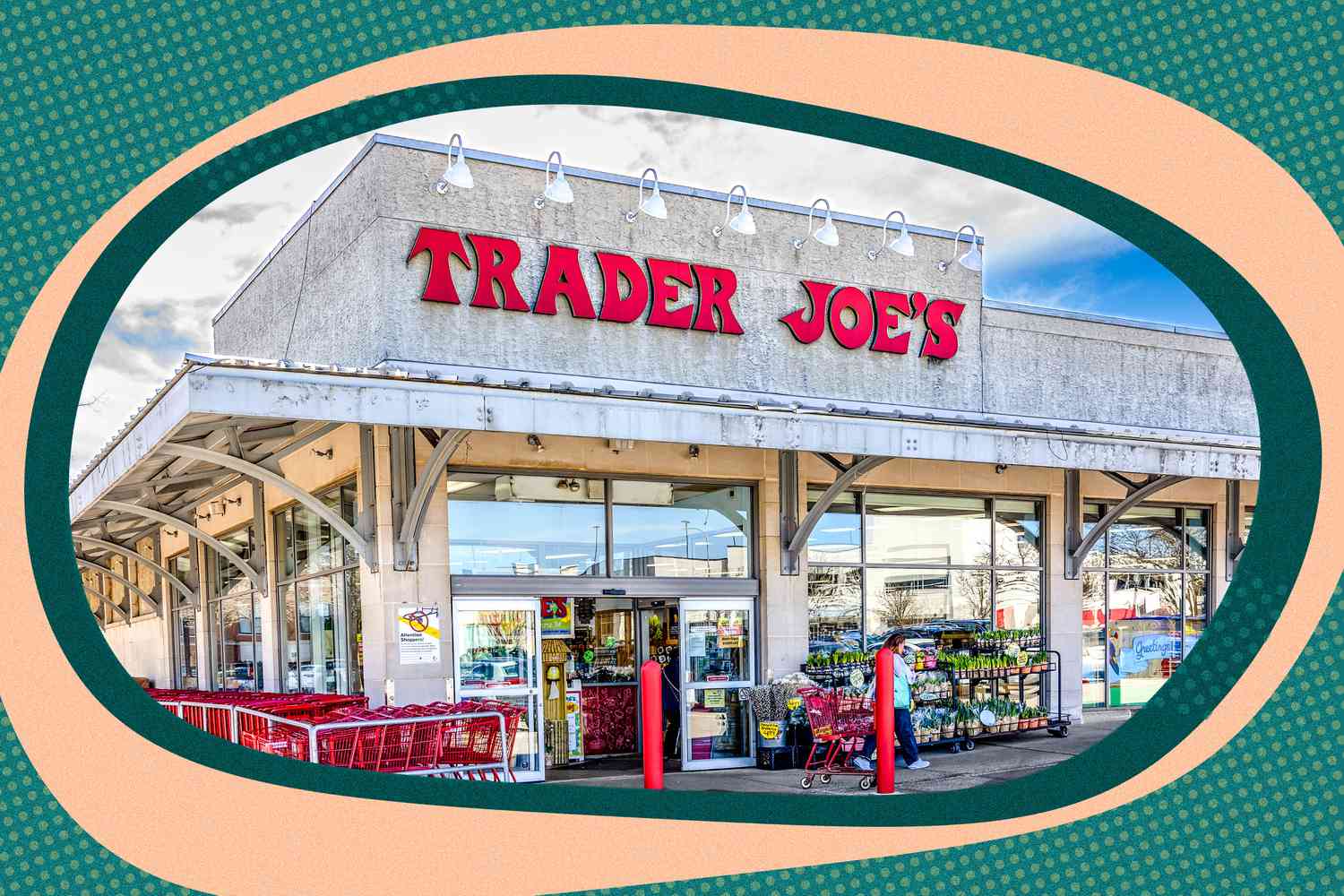 Photo of Trader Joe's Storefront With Fun Green and Orange Illustrations Around the Photo