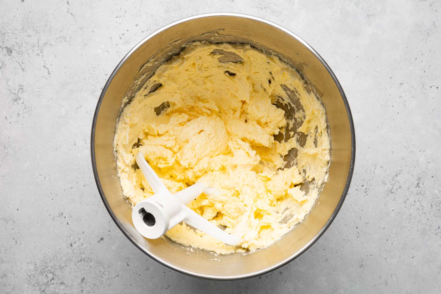 Whipped Butter and Eggs in a Mixer Bowl for St. Louis Gooey Butter Cake