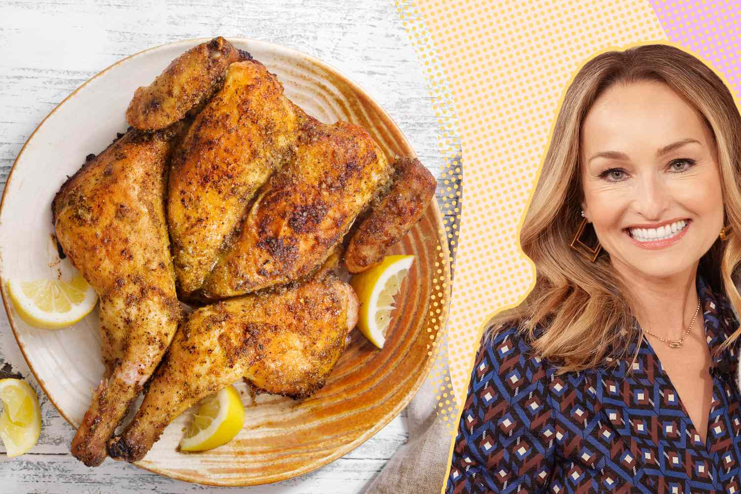 Giada De Laurentiis next to a butterflied roast chicken with lemon wedges
