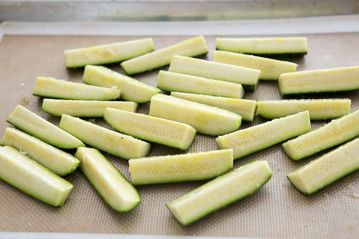 Arrange the zucchini on a baking sheet, skin side down