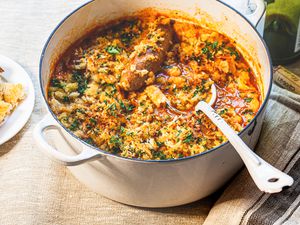 Easy cassoulet in white dutch oven.