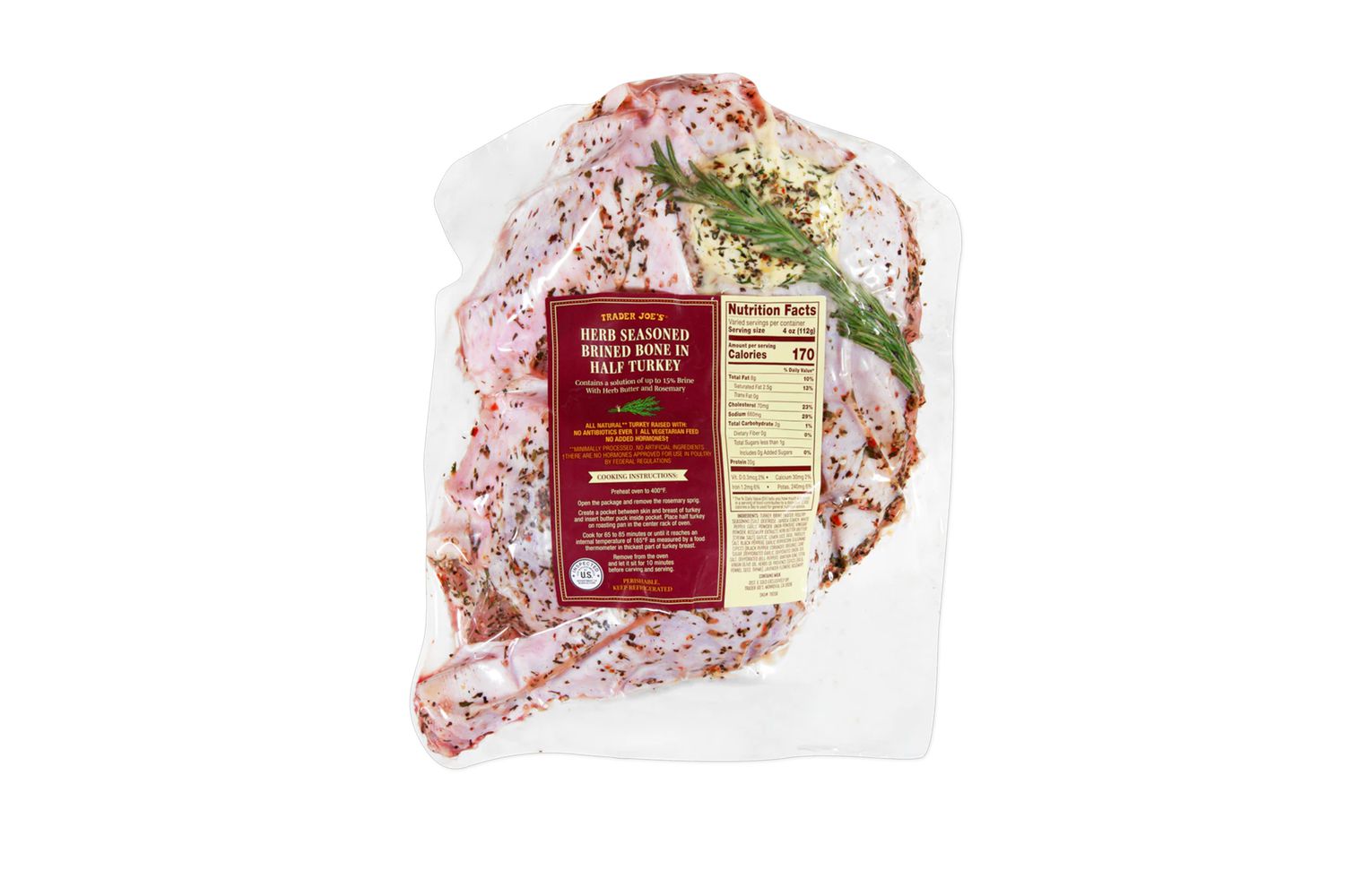 Image of a package of Trader Joe's Herb Seasoned Brined Bone In Half Turkey on a white background