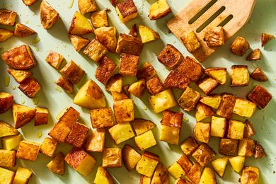 Overhead shot of roasted cubed potatoes