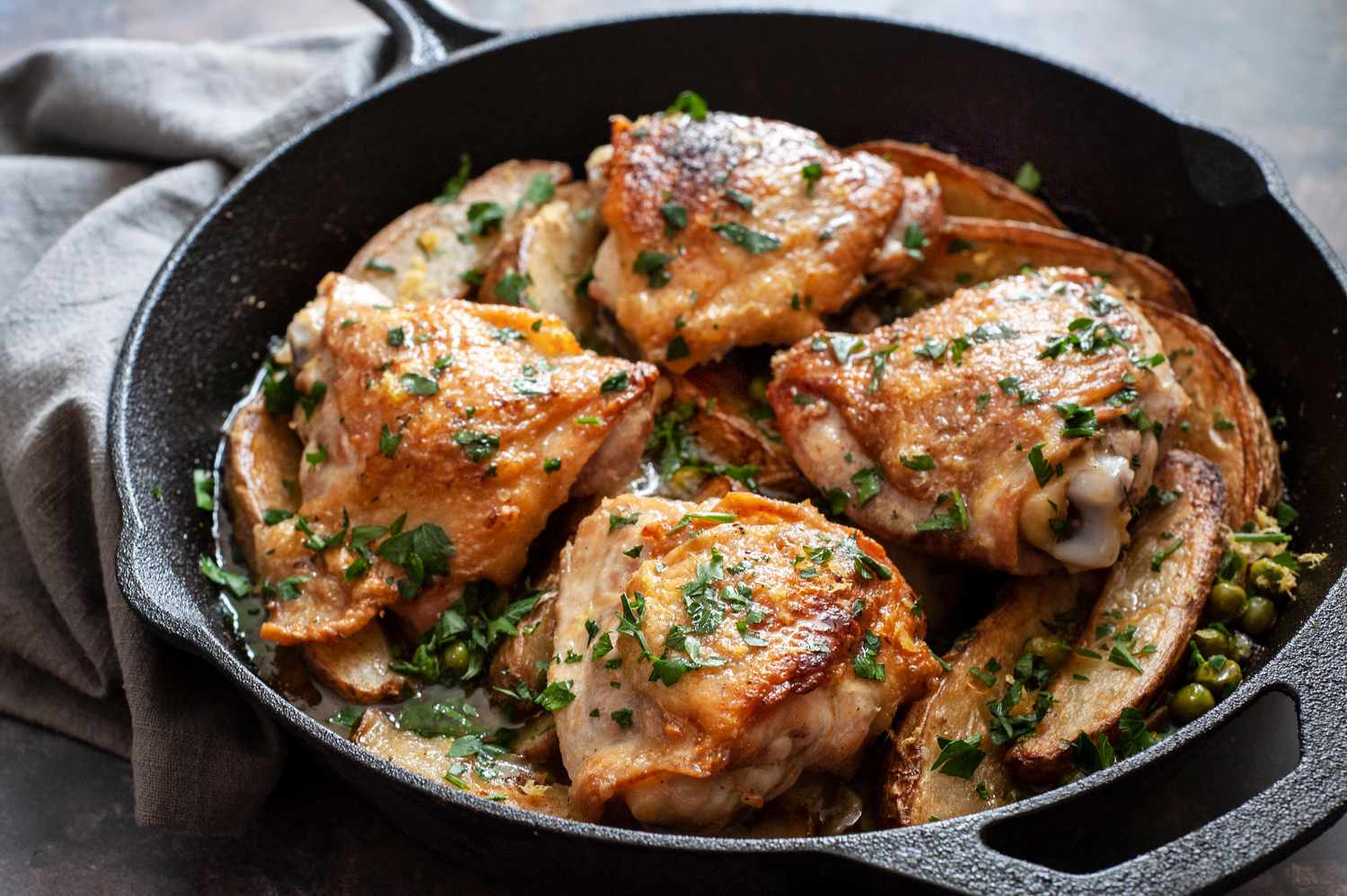 Chicken Vesuvio in a Cast Iron Skillet 