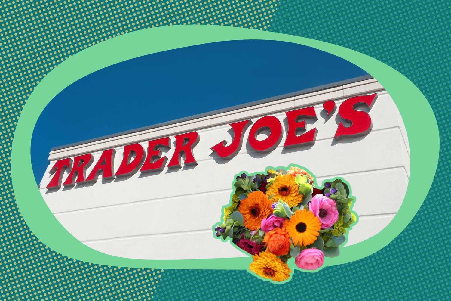 Trader Joe's Store Logo on the Building Surrounded by Fun Green Illustrations and a Bouquet of Flowers