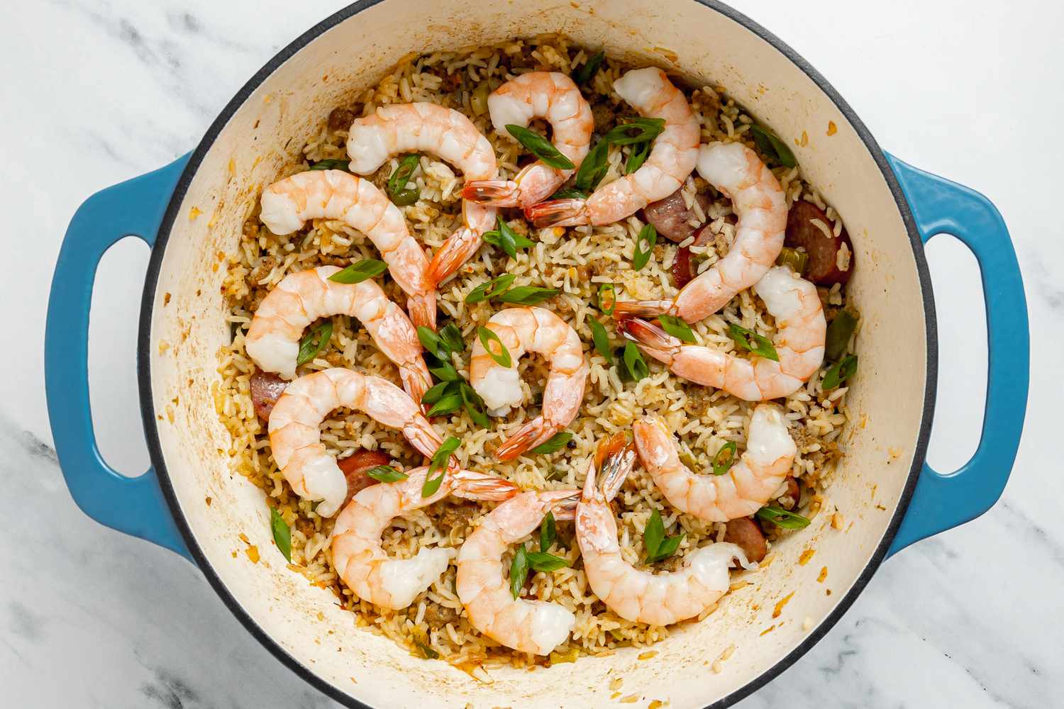 Dirty Rice With Shrimp Garnished with Green Onions